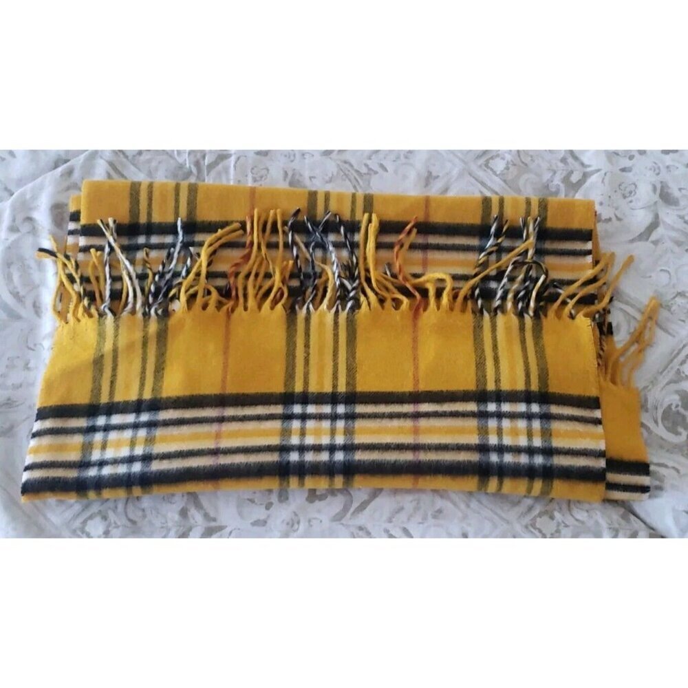 NEW V.FRAAS CASHMINK UNISEX MUSTARD PLAID FRINGE SCARF MADE IN GERMANY - Picture 4 of 5